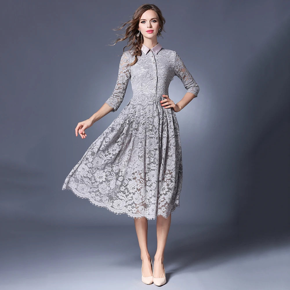 New Fashion Gray Lace Casual Vestido for Women Solid Big Pendulum