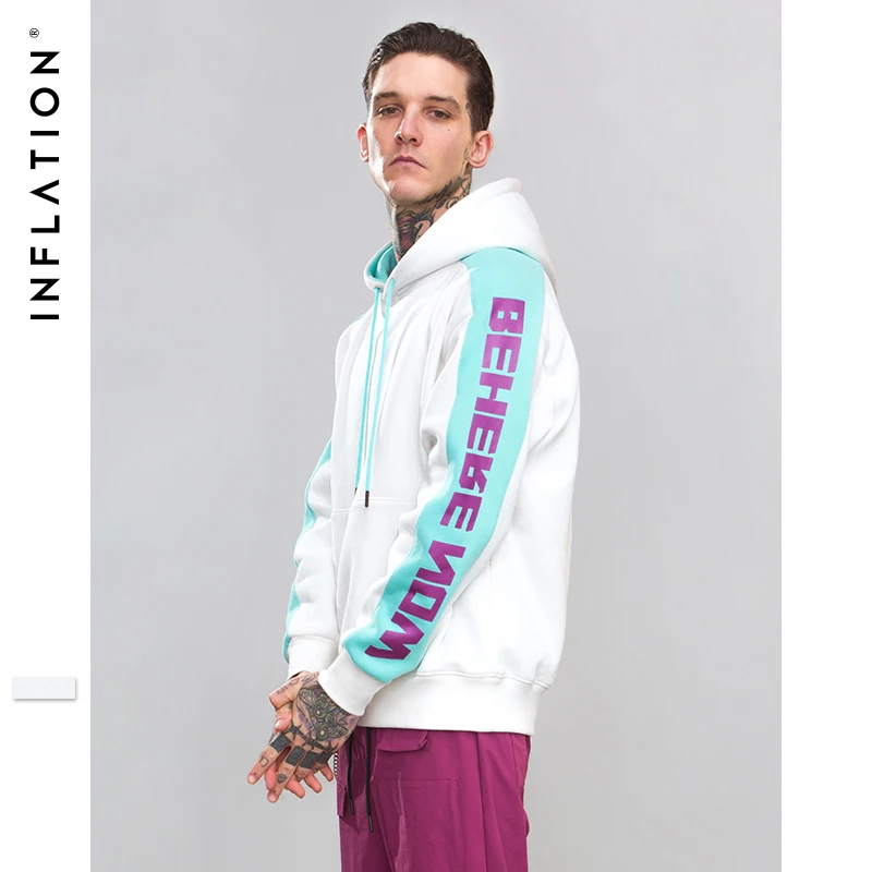 

INFLATION Letter Sleeve Patchwork Hoodies 2018 Autumn Pullover Korean Harajuku Streetwear White Hooded For Men Women 8793W