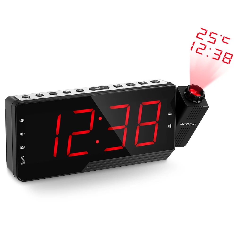 

Digital Projector Alarm Clock FM Radio LED Time Clock Snooze Timer Temperature USB Charge Cable Table Wall Time projection clock