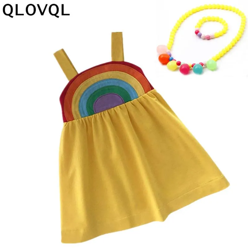 

2019 New rainbow Baby Girl Dress 9M-5 Years Baby Girls Birthday Dresses cotton party princess dress with Girl party Jewelry