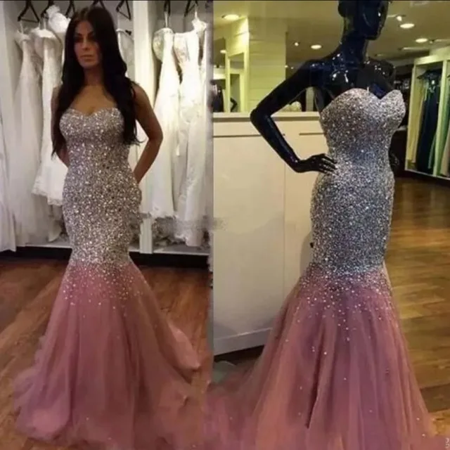 Бледно-розовый Русалка платья для выпускного вечера; robe de soiree Роскошный Кристалл из горного хрусталя из тюля длинное вечернее вечерние платья, платье на выход на шнуровке сзади