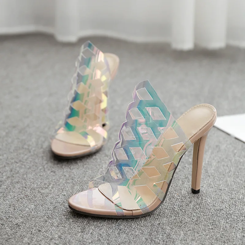 

Summer Transparent Heels Women Sandals PVC Thin Heels Shoes Lady High Heels Grid Sexy Hollow Dress Party Sandal Shoes