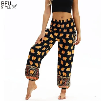 

Women Causal Summer Autumn Flower Print Baggy Boho Pants Elastic Pants Loose Trousers Aladdin Wide Leg Long Harem Pants Newest