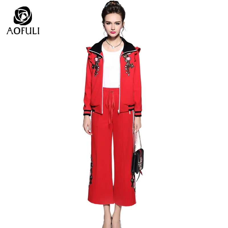 

L/XL/XXL Flower Embroidery Women Set 2 Pieces Sweatshirt Suit Long Sleeve Zipper Jacket Outfit Drawstring Wide Leg Pantsuit 5789