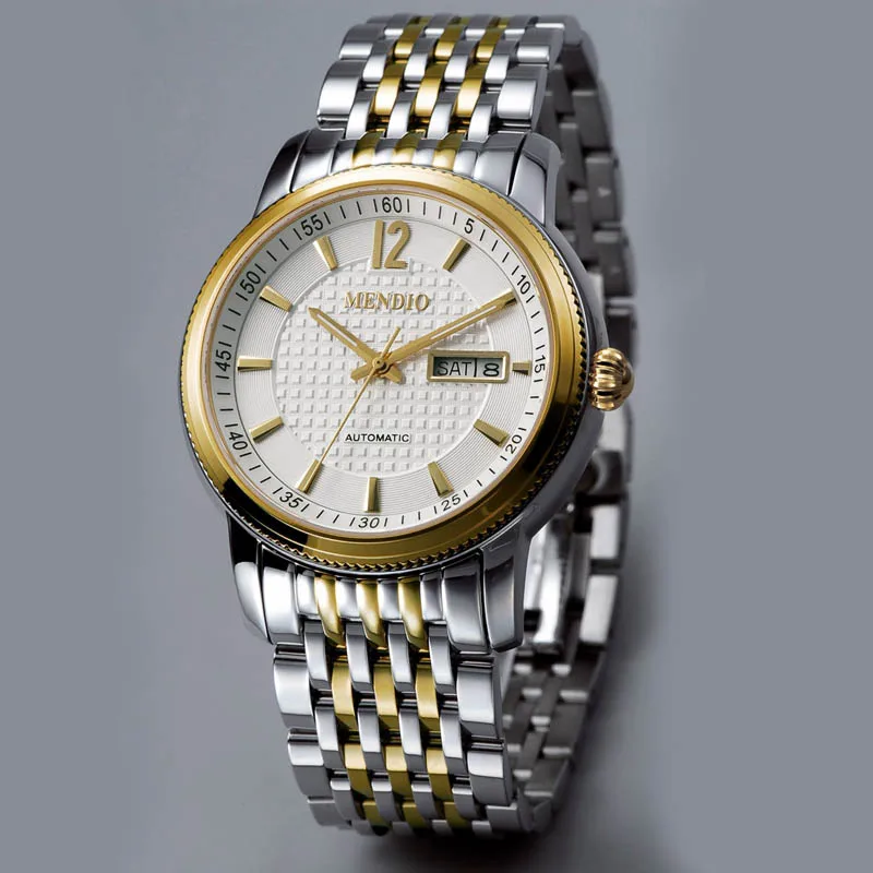 MENDIO 7 Years Brands Top Luxury Famous Watch Gold Yellow Gold Case Sliver Stainless Steel Band