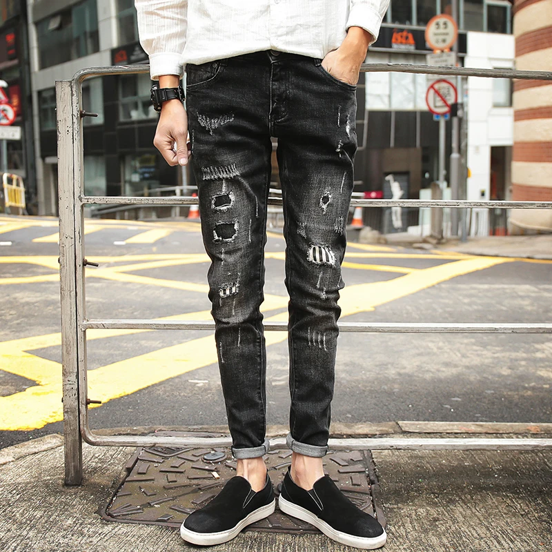 Black Biker Jeans Men Slim Fashion Retro 2018 Autumn New Hip Hop Streetwear Hole Patch Elastic Denim Trousers Casual Pants Man