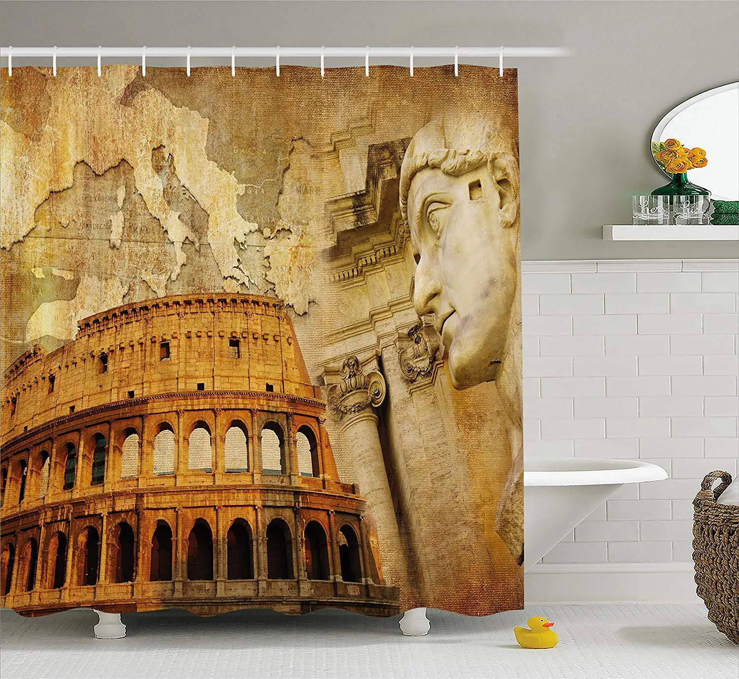 

Retro Shower Curtain Doormat Roman Empire Concept Famous Columns Sculptress Colosseum Map of the Nation Bathroom Decor