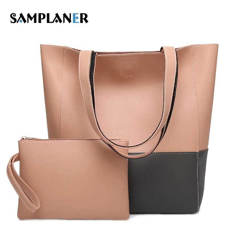 

Samplaner Vintage Women Handbag and Purse Luxury Leather Female Bucket Bags Ladies Top-handle Panelled Composite Bags 2Pcs/Set