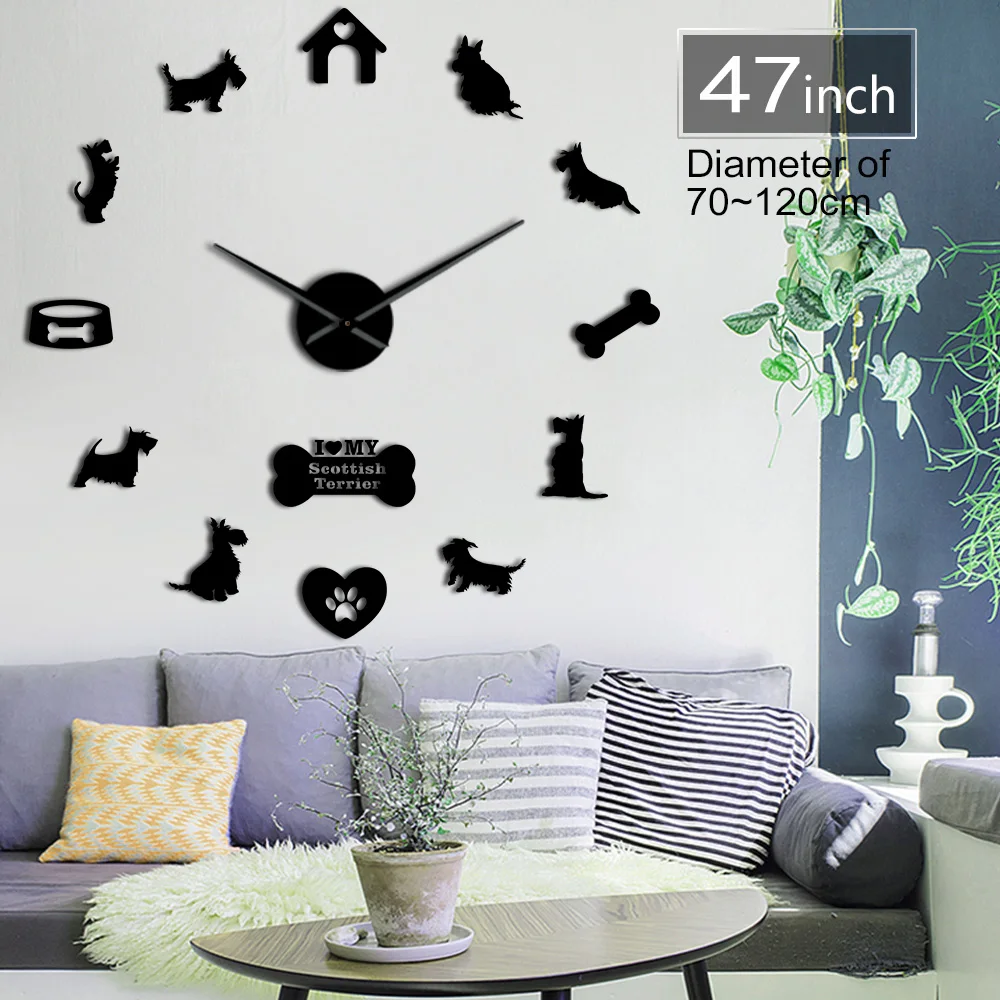 

Scottish Terrier Large Wall Clock Aberdeen Terrier I Love My Scottie DIY Sticker Frameless Big Wall Clock Silent Sweep Movement