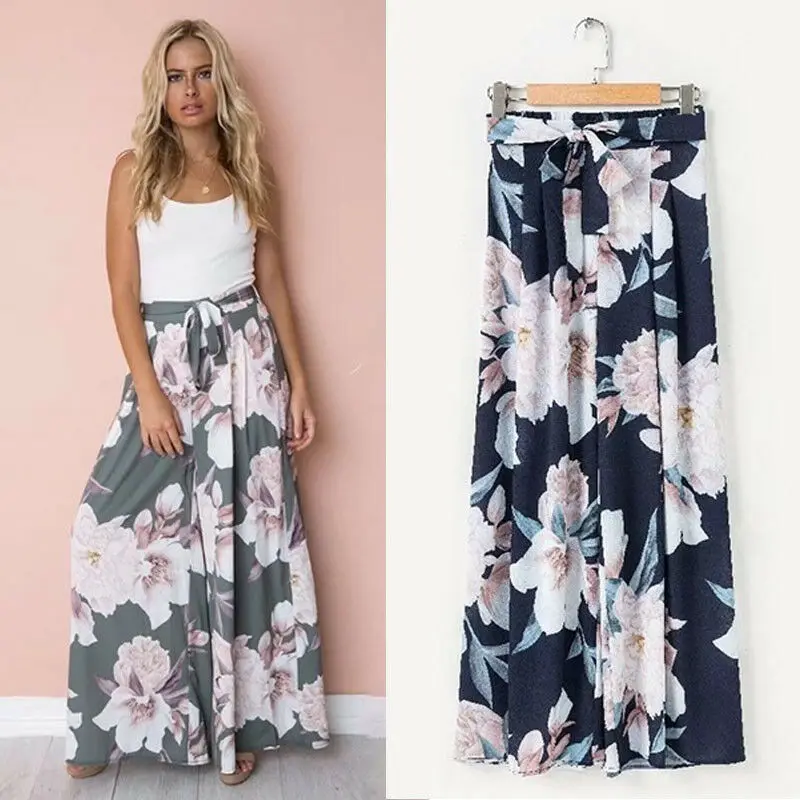 

Casual Long Trousers Brand New Womens Floral Palazzo Pants High Waist Wide Leg Culottes Ladies Loose Ankle-Length