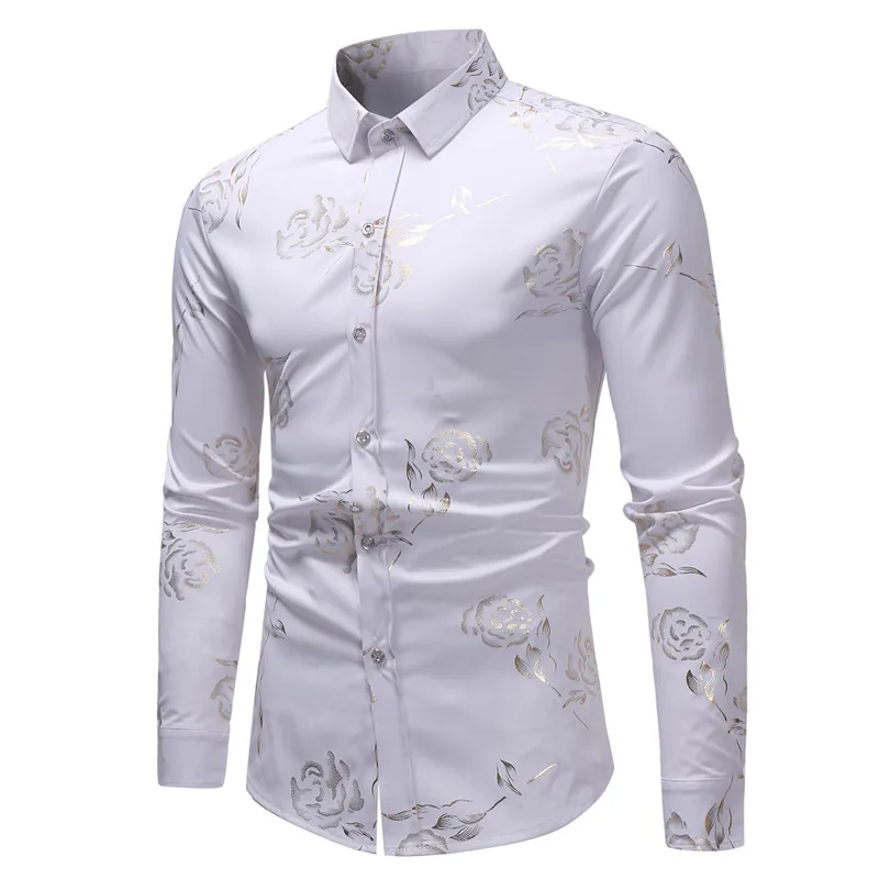 Розы Bronzing белая рубашка для мужчин Роскошные Золотая фольга с принтом с длинным рукавом s повседневные платья рубашки для мальчиков Camisa Masculina - Цвет: white