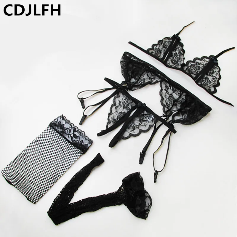  4pcs Sexy Lingerie Set Temptation Erotic Women Underwear Set Bra & G-String & Net Socks & Sling Lac