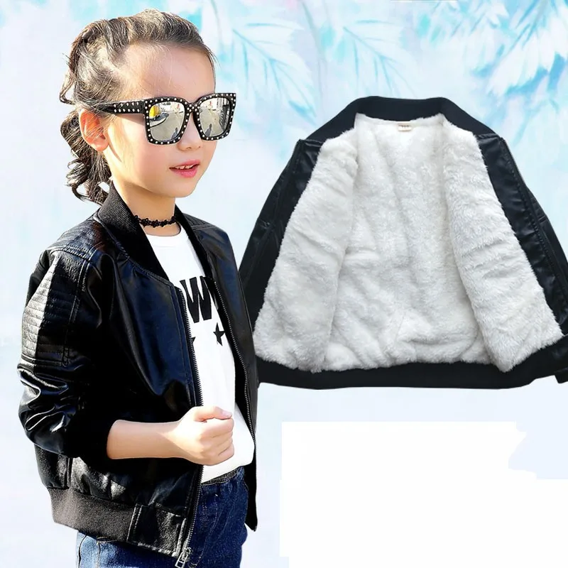 

New Jackets Girls Winter Leather Jackets Black Color Kids coats Manteau Casaco Infantil Girls Jacket 7CT007