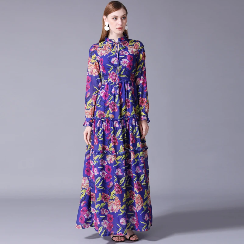 

High Quality 2019 New Designer Fashion runway Long Dress Women's Long Sleeve Vintage Flower Print Ruffles Beach Maxi Dress