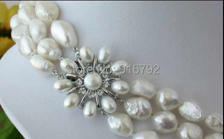 

free P&P 3ROW 8-10MM WHITE BAROQUE FRESHWATER CULTURED PEARL NECKLACE