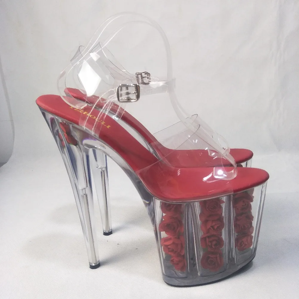 Сексуальные и видеть-через 20 см Обувь на высоком каблуке с розовыми розами для леди сандалии Кристалл танцевальная обувь