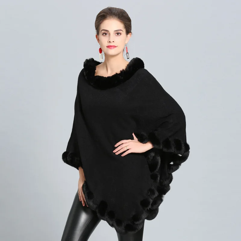 Women Capes Solid Poncho 2018 Winter Faux Fox Fur Out Street wear Knitted Triangle Fur Sweater Plus Size Pullover Coat Fur Neck