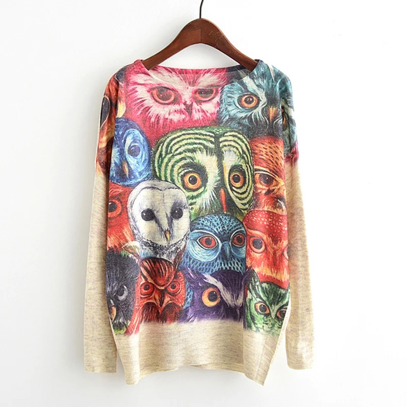 

2018 Hot Women Autumn Winter Long Batwing Sleeve Knitted Sweater Fashion Colorful Owls Print Loose Pullover Knitwear Tops