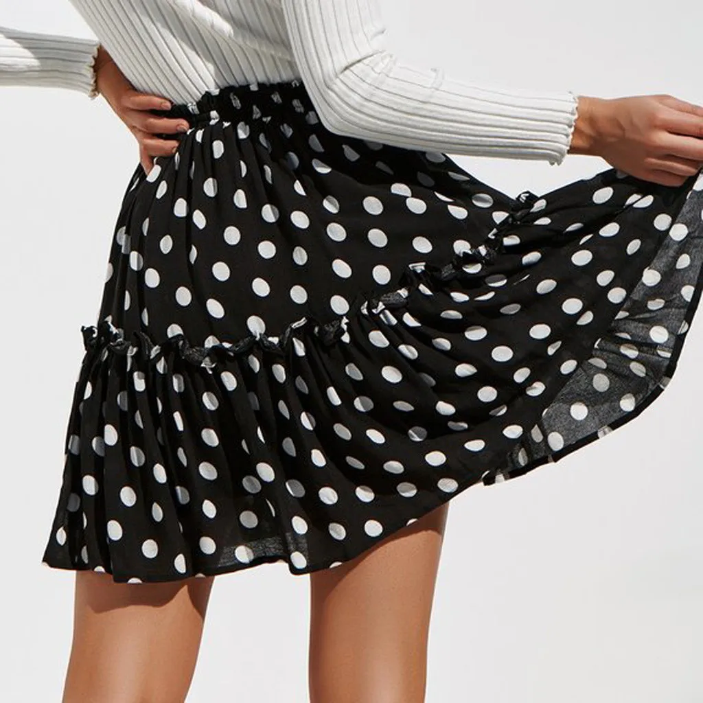 

2019 Female Dot Party Formal SKirt Fashion Women Casual Polka Dot Print Ruffles A-Line Pleated Lace Up Short SKirt