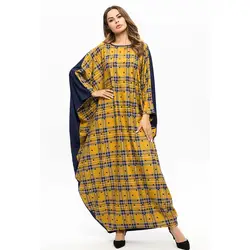 Женское мусульманское платье Среднего Востока плюс размер рукав летучая мышь лоскутное клетчатое длинное исламское платье Marokkaanse кафтан