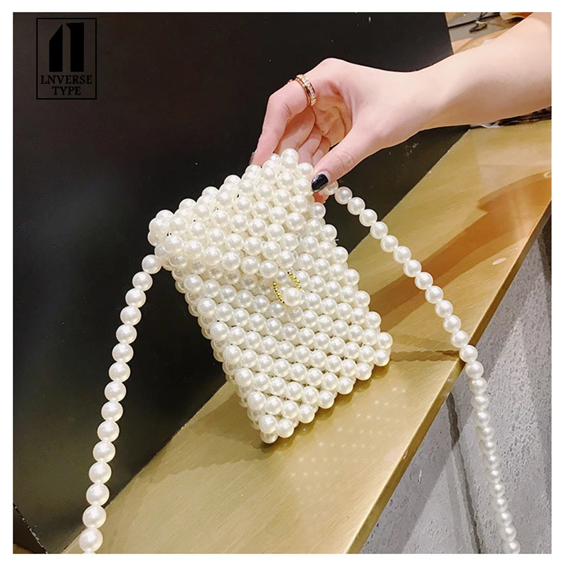 

Handmade Crystal Pearl Mini Messenger Bags Pearls bag beaded bag women party vintage handbag 2019 summer luxury brand mini bags