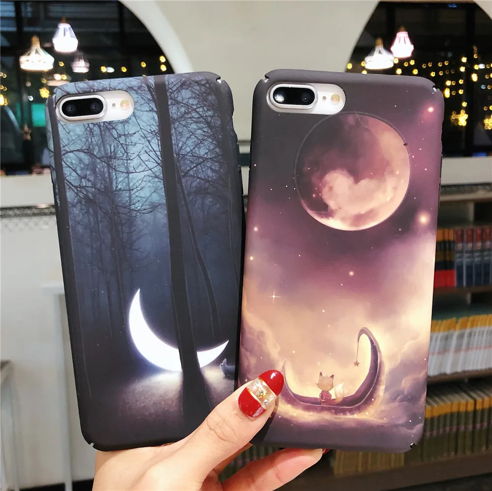 

Starry Sky Moon Stars Mountain Landscape Phone Case For iphone 7 Case Luminous Hard PC For iphone XS 8 6plus 7 plus Cover Fundas