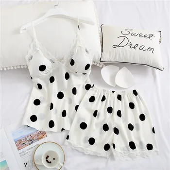 

Polka Dot Home Wear Women Nightgown Sexy 2pcs Sleepwear Pajamas Suit Lace Strap Top&shorts Nightwear Lounge Sleep Set