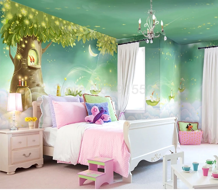 Пользовательские 3D фото обои для детской комнаты мультфильм зеленое дерево дом Луна детская спальня оформление, фотообои снимающиеся наклейки