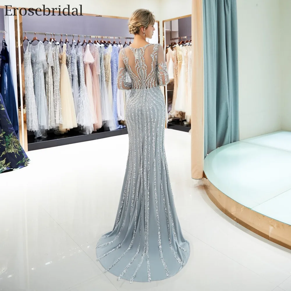 Erosebridal Русалка с длинным рукавом вечернее платье длинное сверкающие бусины с блестками официальная Женская одежда с коротким шлейфом серый цвет шампанского