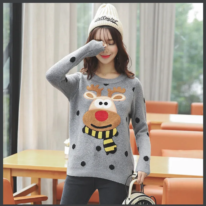 

Europe latest autumn and winter women O-neck knit Tops 2018 Polka Dot Christmas deer knitted jacket Sweaters coat Big yards