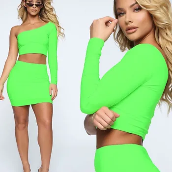 

Summer Women Gothic Style Sets One shoulder Solid Crop Top + Bodycon Mini Skirt Sexy Club 2pcs Sets