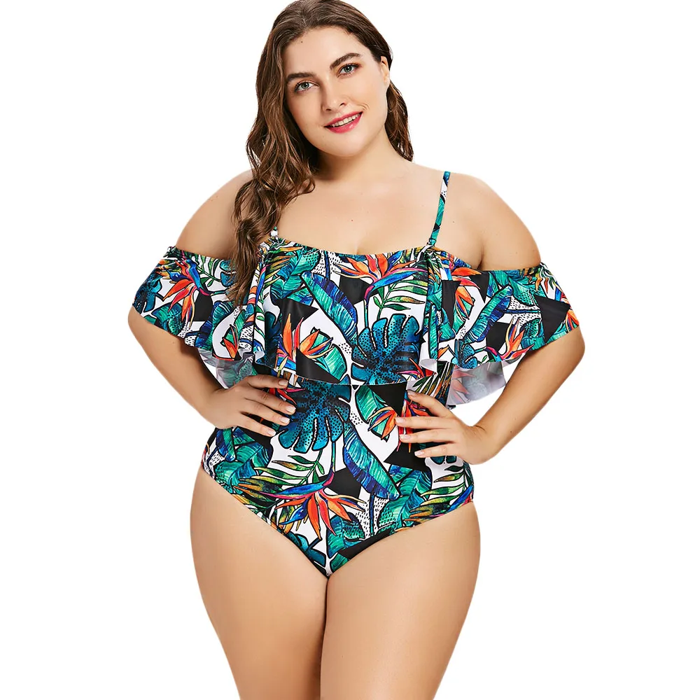 ZAFUL Plus Size Flounce Leaf Print One Piece Suit Off