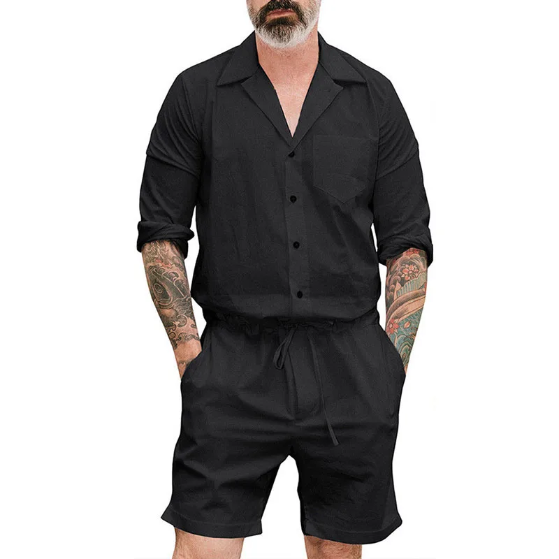 Комбинезоны размера плюс с длинным рукавом, мужские комбинезоны на пуговицах с карманами, Осенние Комбинезоны, рабочие брюки, повседневные мужские комбинезоны - Цвет: Black