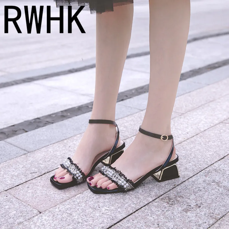 

RWHK Korean version of the 2019 summer new fashion wild beaded edge toe sandals thick with high heel women shoes B024