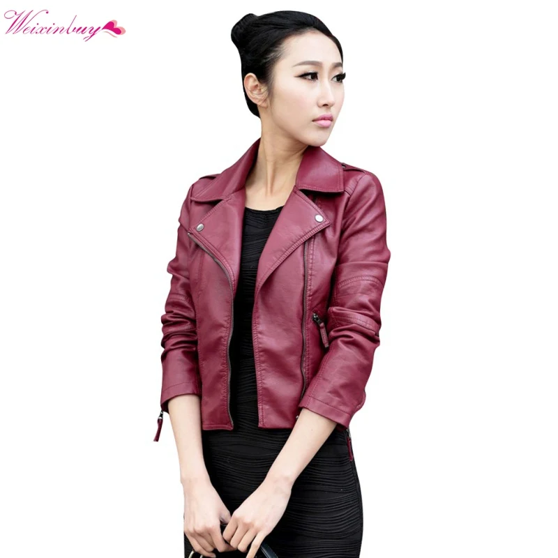 WEIXINBUY 2017 Fashion Women Leather Motorcycle Zipper Collar Punk Coat Biker Jacket Outwear Newest Black Red Female Jacket Coats