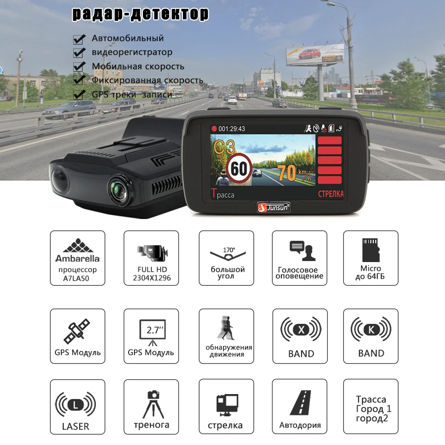 Junsun 3 in 1 Dash cam Ambarella A7LA50 Car Radar DVR Camera 1296P GPS for Russian Speed Anti Radar Detector Video Car Recorder