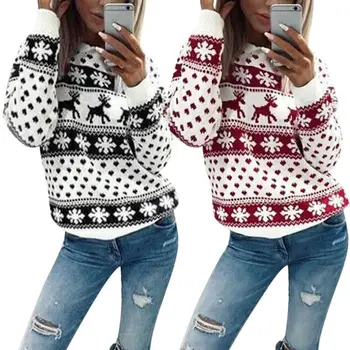 

New Womens Ladies REINDEER & SNOWFLAKE Print Christmas Knitted Long Sweatshirt Jumper
