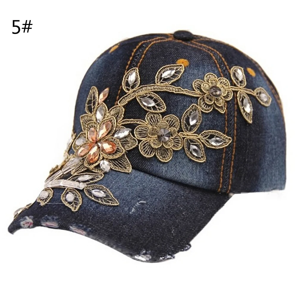 Nouveau Femmes Paillettes Strass Bling Chapeaux réglable Denim Casquette De Baseball Tennis