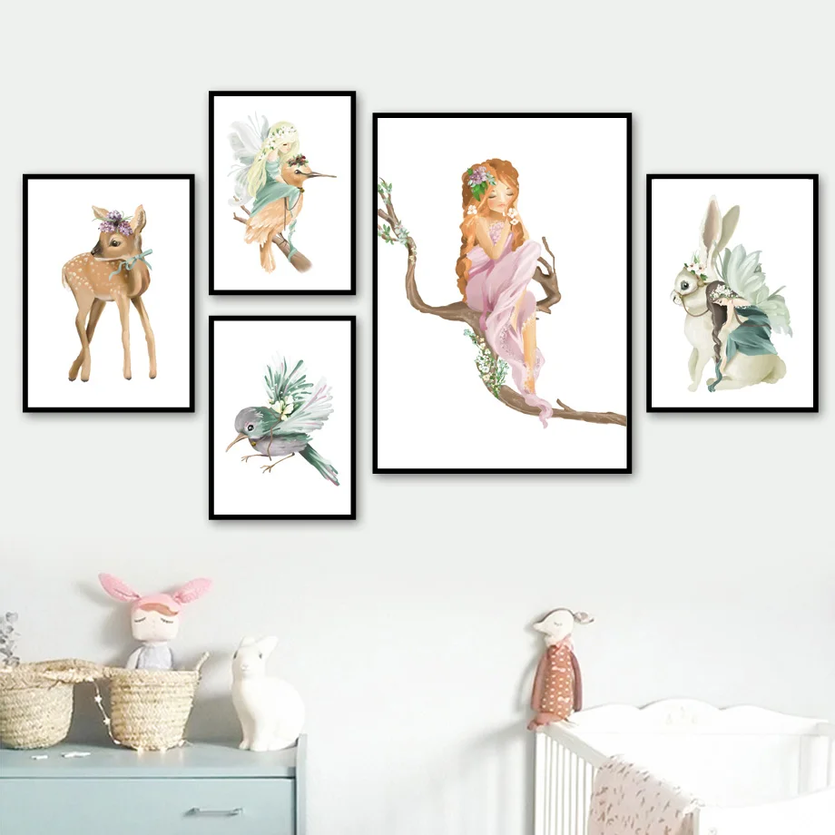

Watercolor Girl Deer Rabbit Bird Animals Nordic Posters And Prints Wall Art Canvas Painting Wall Pictures For Kids Room Decor