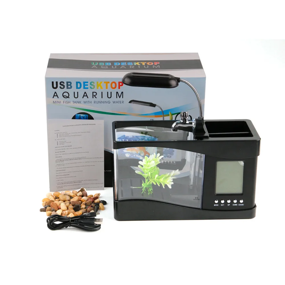 USB Acrylic Mini Fish Tank Aquarium Led Lighting Light With Alarm Clock For Living Room Bedroom