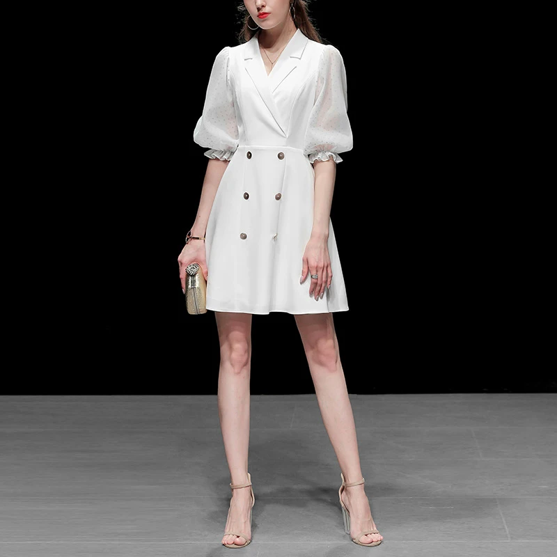 

[EAM] 2019 New Spring Summer Lapel Collar Half Puff Mesh Sleeve Spliced Button Dot Printed Dress Women Fashion Tide JY068