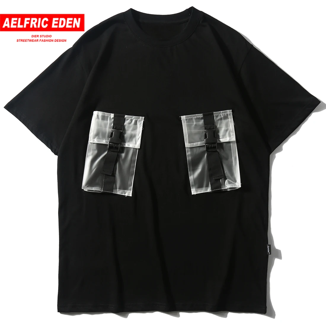 

Aelfric Eden Fashion Hip Hop Pocket Buckle Ribbon Stitch Tshirt Harajuku Patch T Shirt Men Streetwear Casual Cotton Couple Tees
