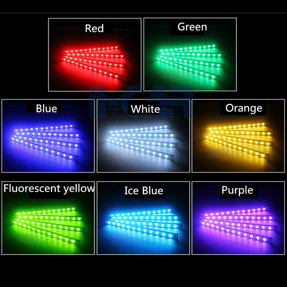 4 шт. автомобильные RGB Светодиодные полосы света светодиодные полосы света цвета декоративный дизайн автомобиля атмосферные лампы салона автомобиля свет с пультом дистанционного управления 12 В