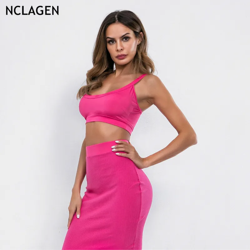

NCLAGEN Women Sexy Knitted Ribbed Two Pieces Set Navel Bare Crop Bustier Camisoles + Slim Booty Skirts Tracksuits Outfits Set