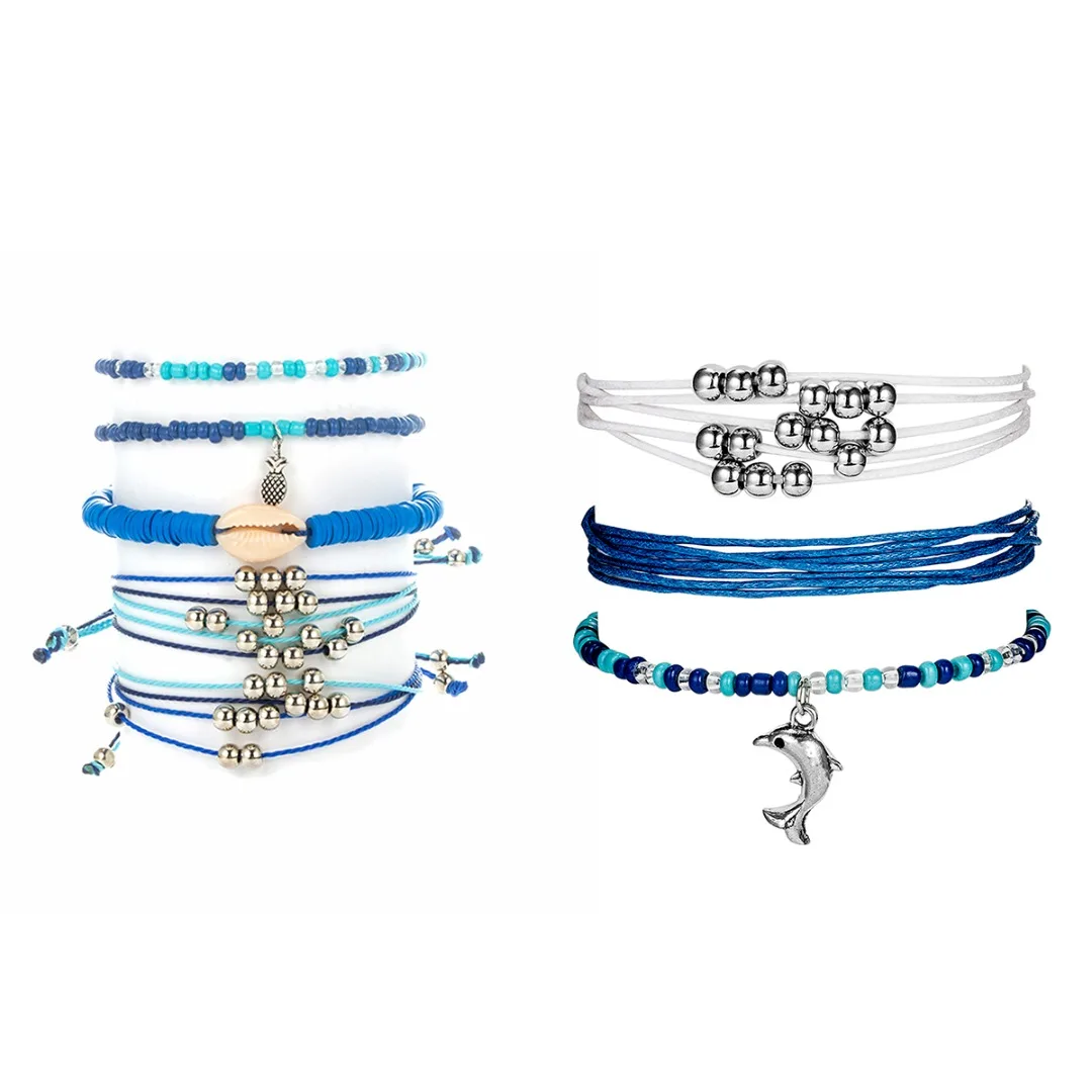 Этнические индийские украшения богемные женские летние простые бусы Дельфин набор из браслета с кулоном синий плетеный веревочный браслет