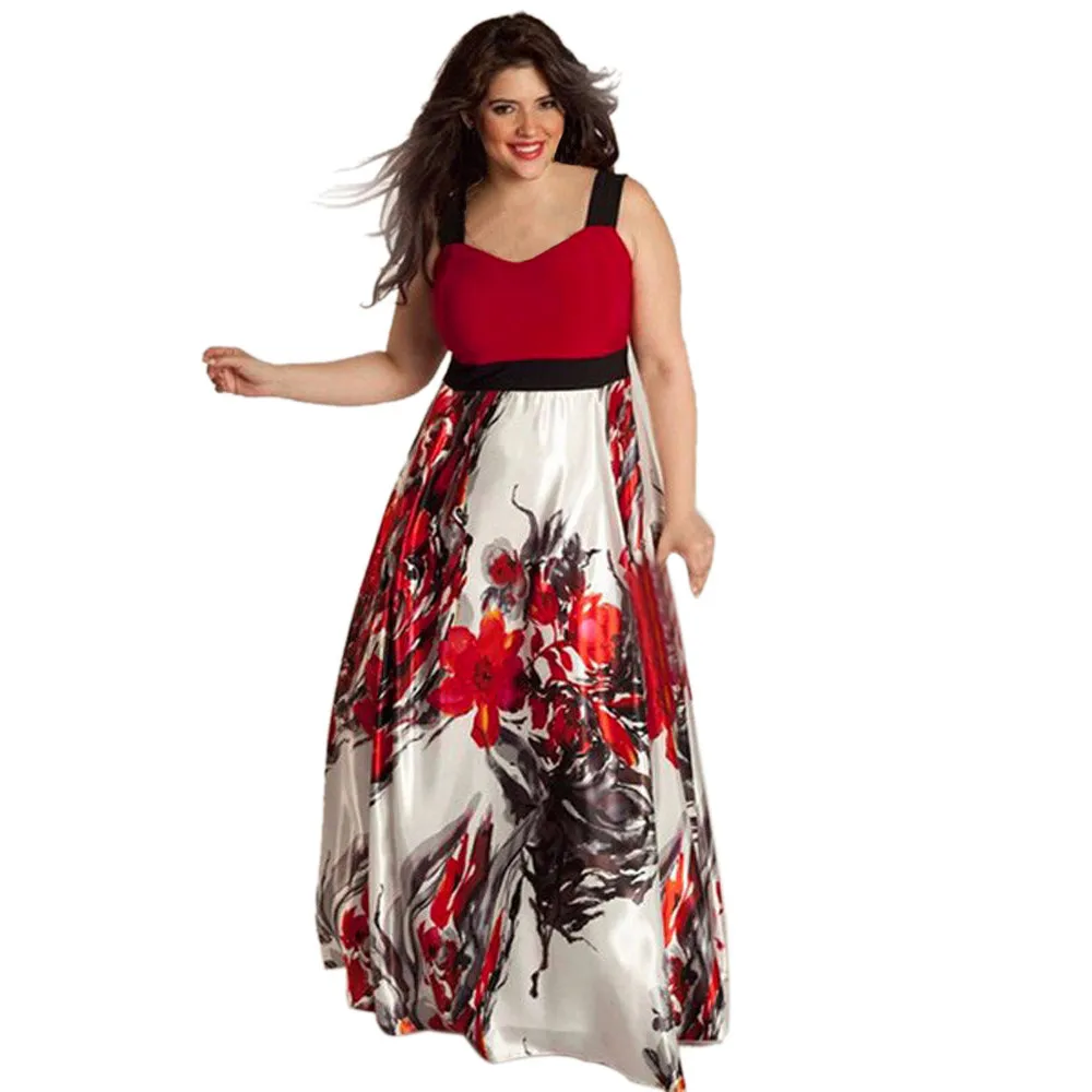 

Free Ostrich 2019 Plus Size Women Floral Printed Long Evening Party Prom Gown Formal Dress colorful Polyester girl dress D0235