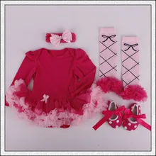 4PCs per Set Infant Outfits Solid Red Baby Girls Long Sleeves Tutu Dress Headband Shoes Leggings for 0-12months Free Shipping