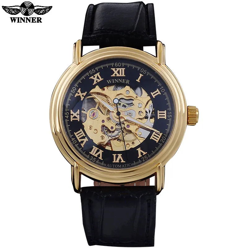 WINNER Роскошные Брендовые мужские механические часы с кожаным ремешком модные