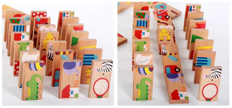 28 шт. мультфильм животных автомобиль домино блоки деревянные классические игрушки домино деревянные игрушки строительные блочный интеллектуальный игрушки для детей