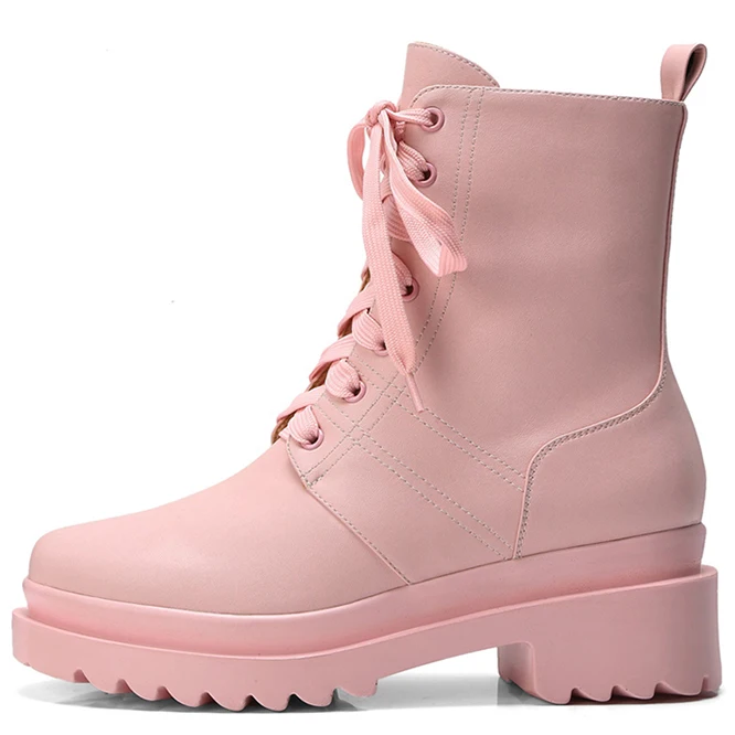 Curvaness/новые женские ботильоны в стиле панк; ботинки из мягкой кожи на шнуровке; Осенняя обувь на платформе и толстом каблуке с круглым носком; женские Ботинки martin - Цвет: Pink